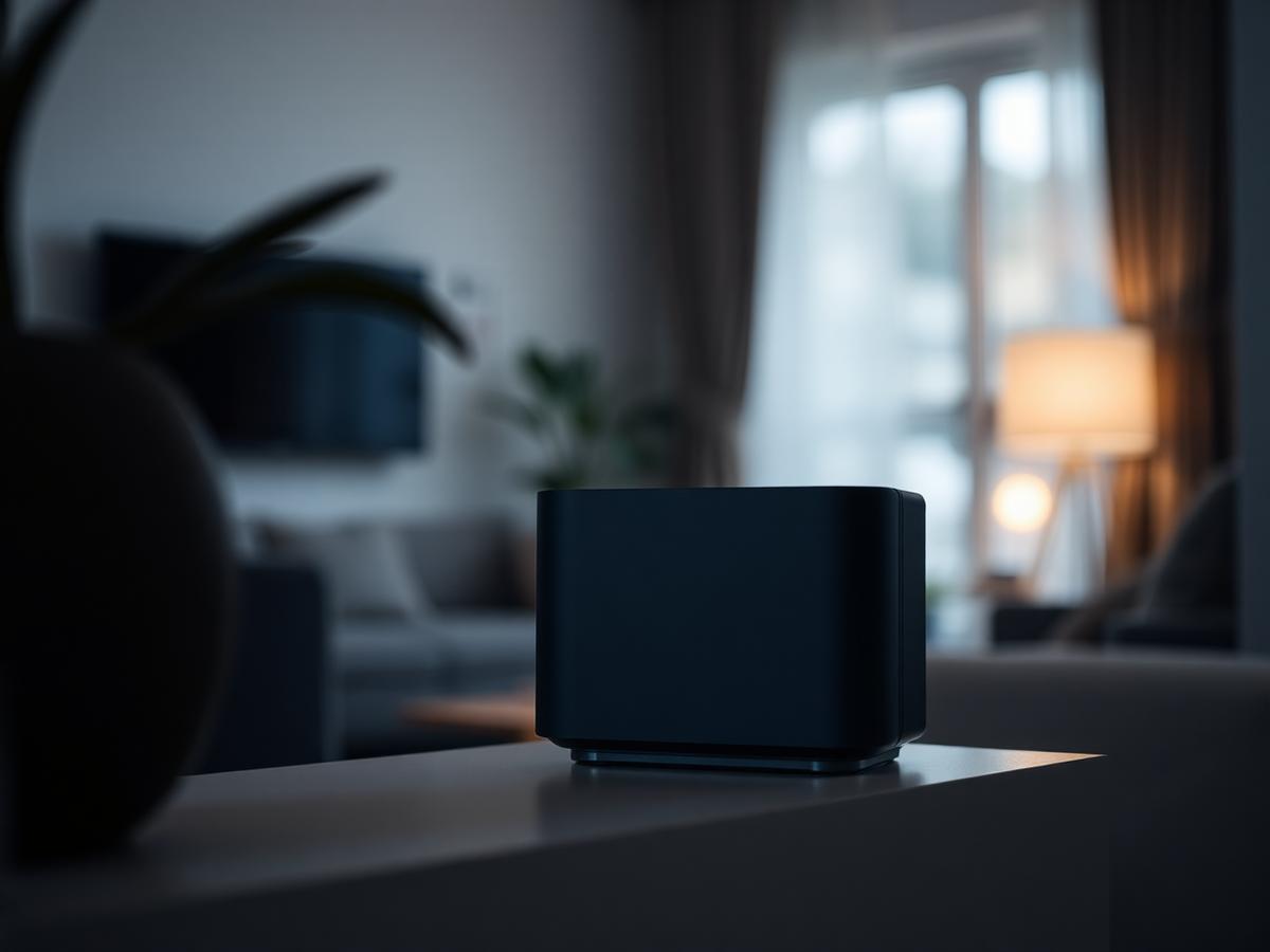 Vishnu HomeGuard network security appliance on a shelf in a softly lit living room